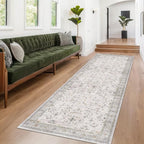 Hazo Haus Floral 3x8 Wide Hallway Runner - Light Gray with Taupe Accent, Boho Eclectic Decor, Washable Low Pile Non Slip Stain Resistant Rug for Long Kitchen, Large Bathroom, Hall Way