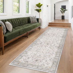 Hazo Haus Boho 3x16 Wide Hallway Runner - Light Gray and Sage, Washable Low Pile Non Slip Stain Resistant 16ft Runner Rug for Long Kitchen, Hallway, Floral Decor