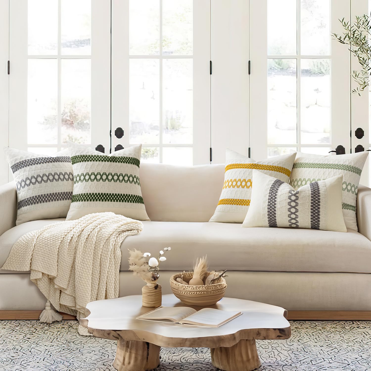 MIULEE Set of 2 Moss Green Boho Decorative Pillow Covers 18x18 Inch