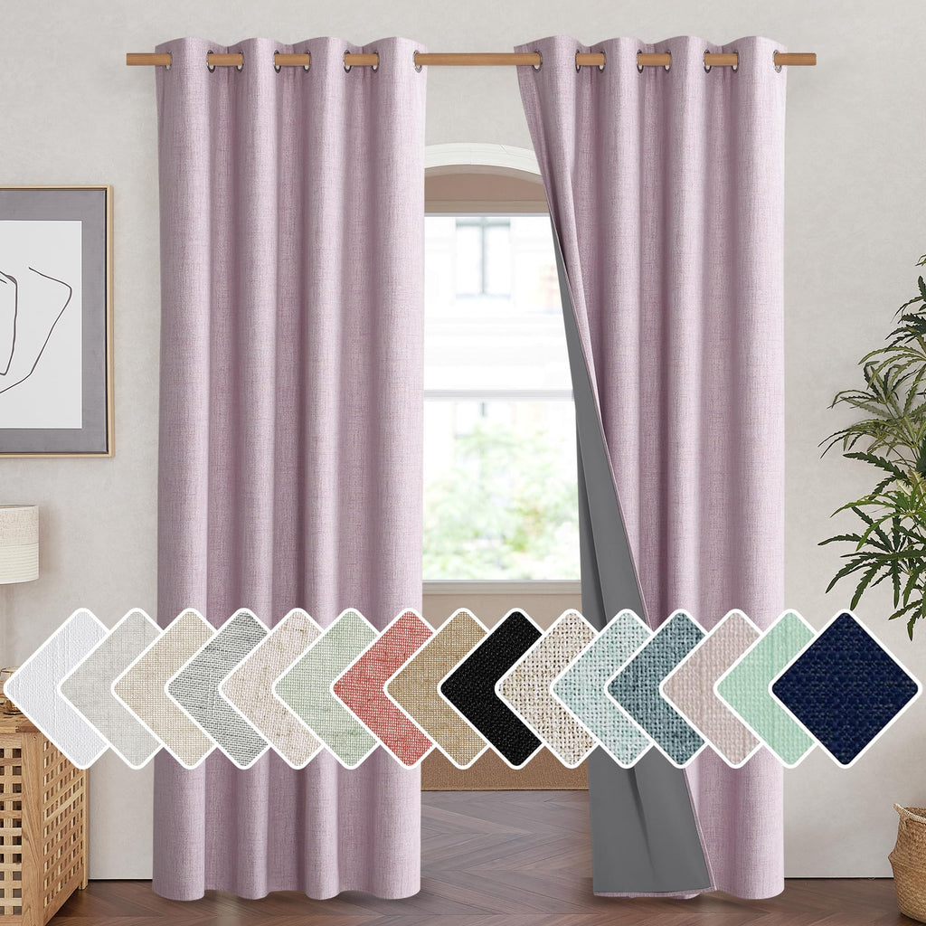 NICETOWN Pink Vintage Linen 100% Blackout Curtains for Living Room, Thermal Insulated Curtains 90" Long, Noise Reducing Window Treatment Drapes for Home Cinema, 52" Wide Per Panel, Set of 2