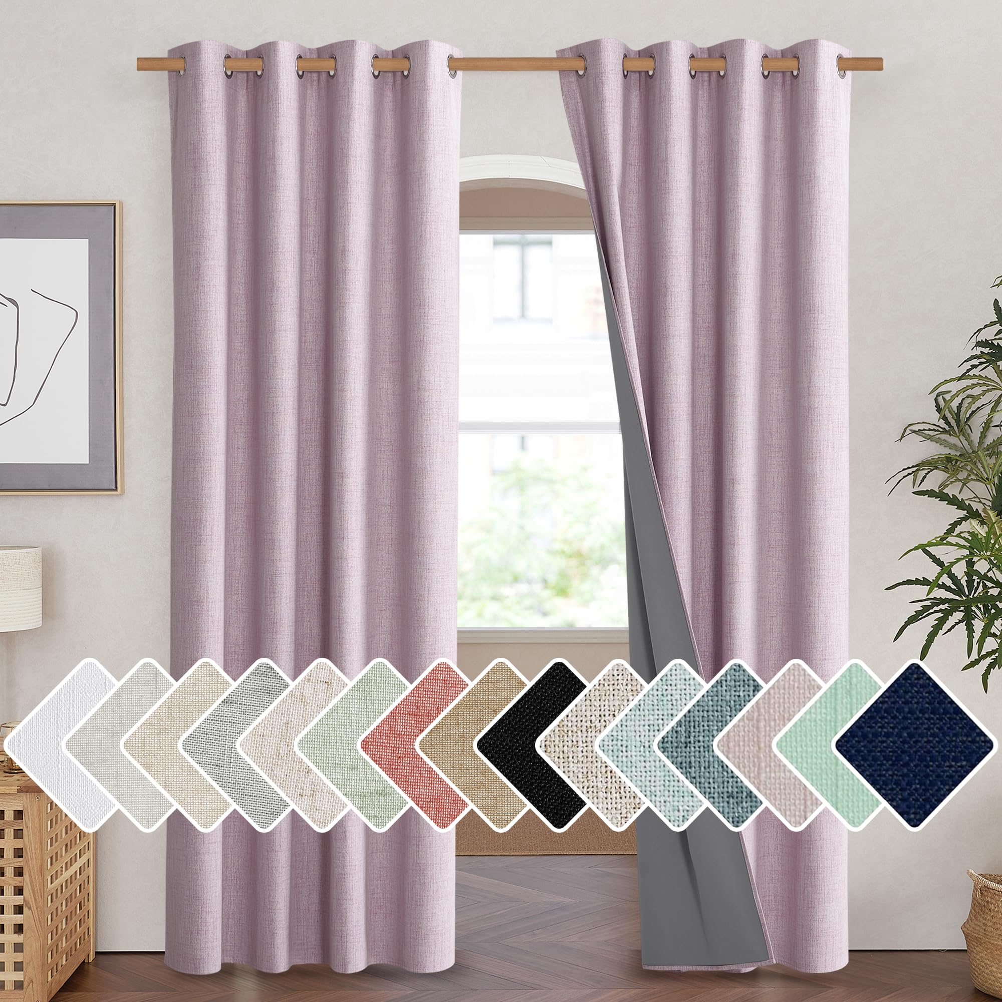 NICETOWN Pink Vintage Linen 100% Blackout Curtains for Living Room, Thermal Insulated Curtains 90" Long, Noise Reducing Window Treatment Drapes for Home Cinema, 52" Wide Per Panel, Set of 2