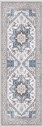 OPPODREAM Soft Entryway Rug 2x6, 2x6 Rug Runner, Neutral Washable Hallways Carpet 2 x 6 with Non Slip Backing, Low-Pile Bedside Carpet 2 x 6, Long, Faux Cashmere, Cream White & Blue & Light Brown