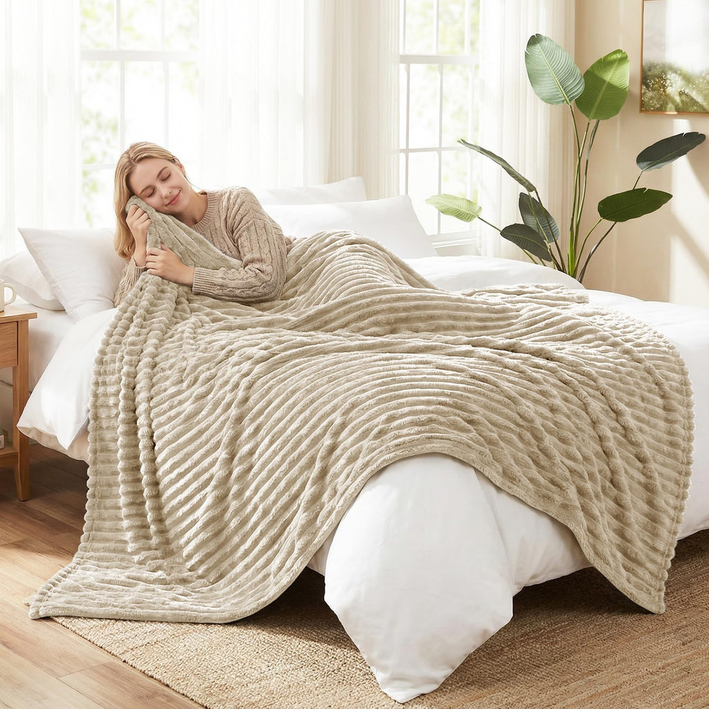 HIMEET Linen Twin Blanket for Bed, 300GSM Ribbed Fleece, 60 x 80 Inches