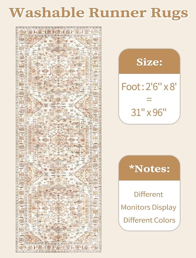 SERISSA Boho Washable Runner Rug, 2'6"x8' Non-Slip Vintage Peach Cream Hallway Kitchen Runner Rug Ultra Soft Print Distressed Floor Carpet for Bedroom Bathroom Laundry Room