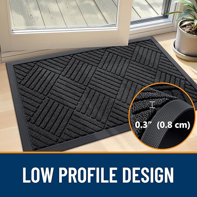 OLANLY Front Door Mat Outside Entrance 33x21, Absorbent, Heavy Duty Sturdy Natural Rubber Doormat Indoor Outdoor, Stain and Fade Resistant, Non-Slip Low Profile Floor Mat for Entryway, Black Diamond