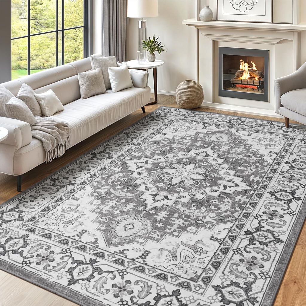 Lofus 6x9 Area Rugs for Living Room Bedroom, Soft Boho Carpet Floral Grey