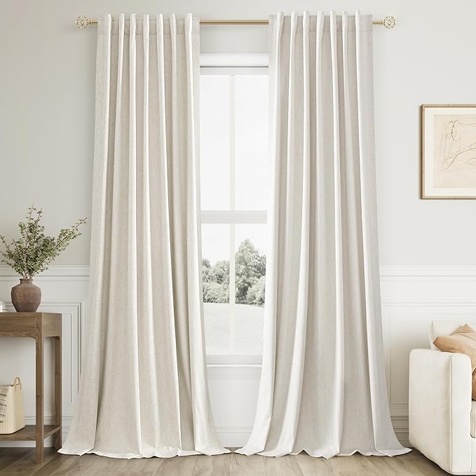 Guken Cream 100% Blackout Linen Curtains 126 Inch Length 2 Panels Set for Living Room Bedroom Back Tab Rod Pocket Thermal Insulated Black Out Drapes Room Darkening Window Curtains 52x126