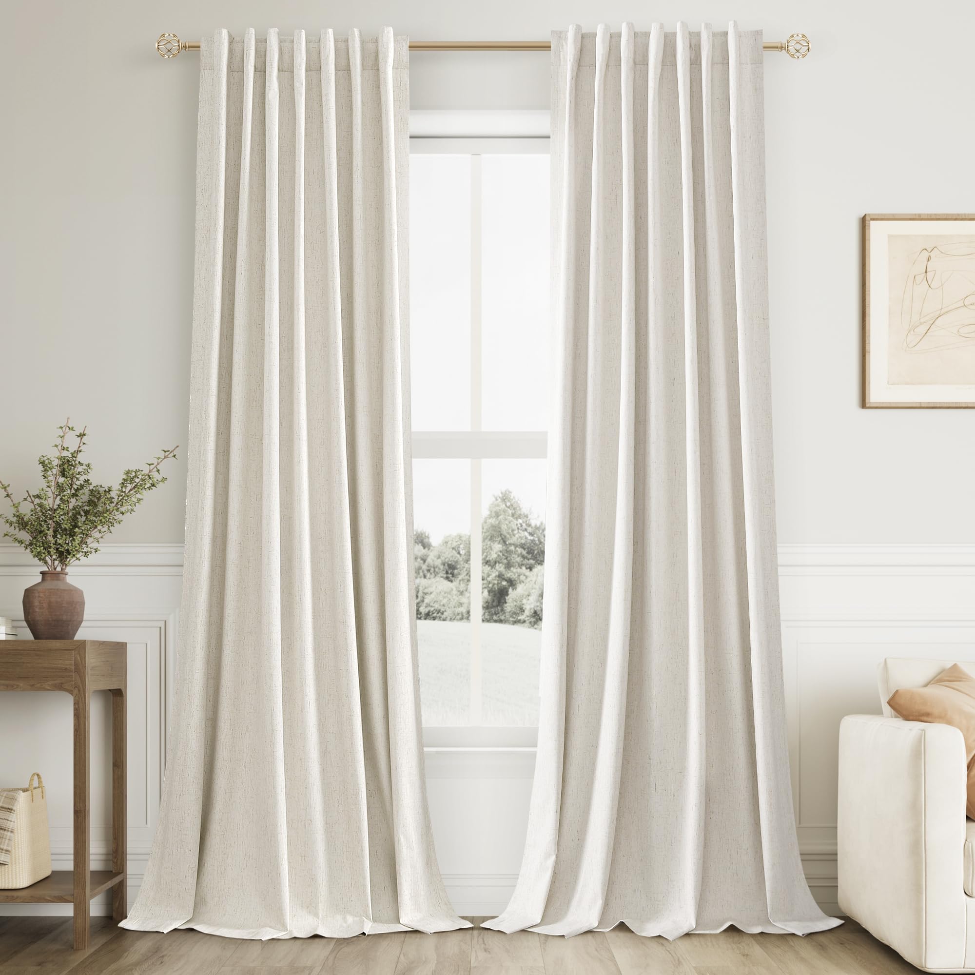Extra Long 100% Blackout Linen Curtains for Bedroom 100 Inches Long Natural Cream Black Out Curtain Back Tab Thermal Insulated Room Darkening Window Drapes for Living Room 2 Panels Beige Ivory 52x100