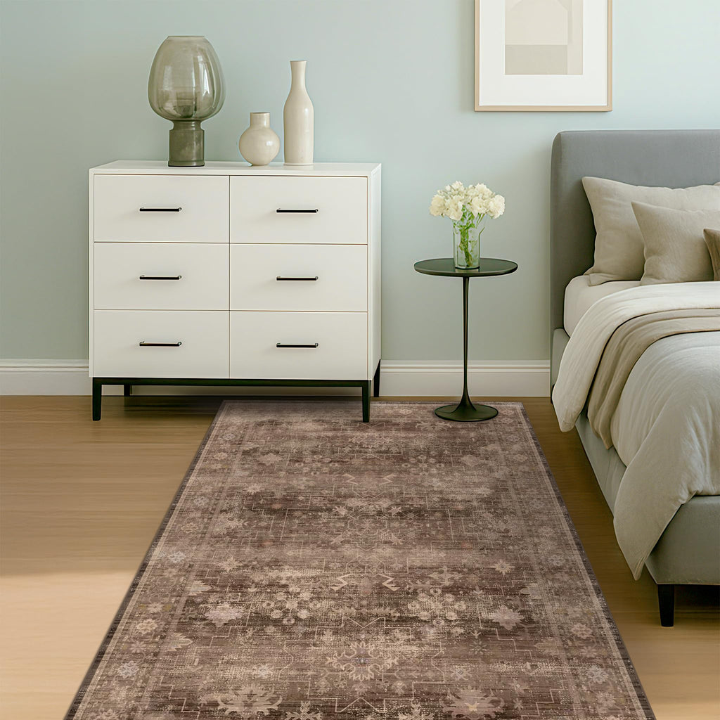 Boho Taupe Brown 4x6 Living Room Rug - Modern Traditional Oriental Neutral, Washable Low Pile Non-Slip Small Area Rugs for Entryway, Bedroom, Foyer, Mudroom