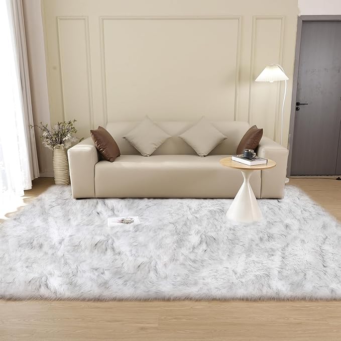 ORINOVA Gray and White Area Rug 6x9 Rugs for Bedroom Fuzzy Plush Large Sheepskin Washable Fluffy Fur Rug for Living Room Nursery Rug