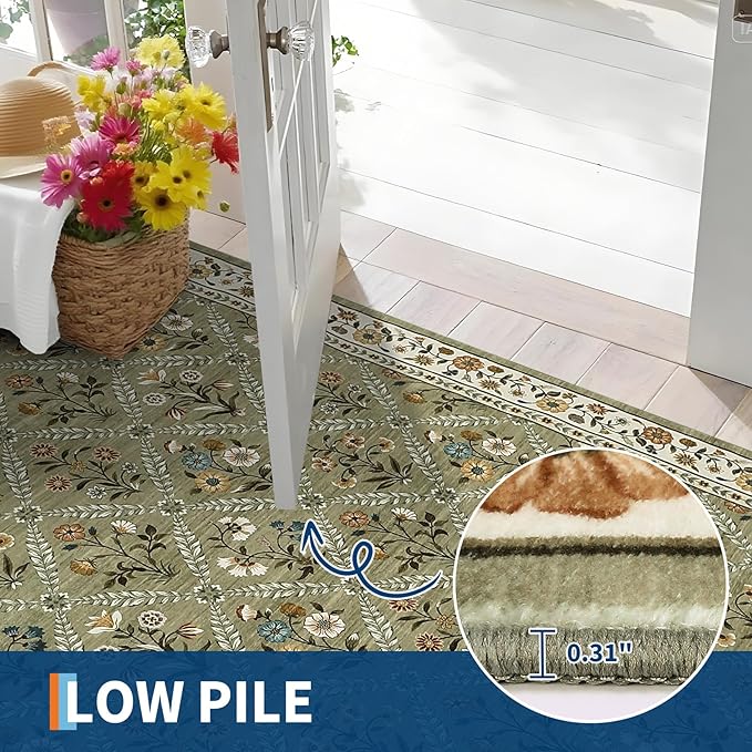 Washable Kitchen Runner 2x6 Non-Slip Floral Carpet Runner for Entryway Indoor Ultra Soft Stain Resistant Long Rugs Farmhouse Floor Mat for Hallways Laundry Bedroom Green