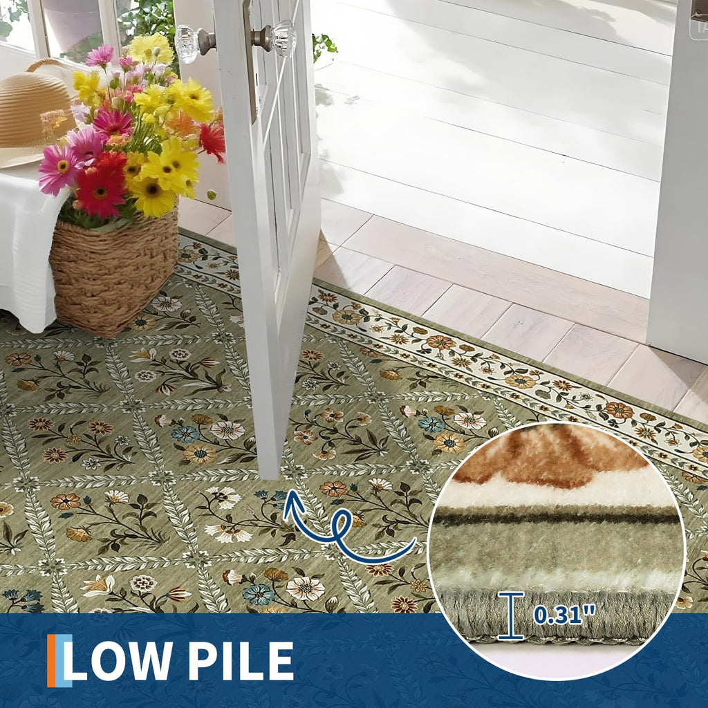 GarveeHome Large Entryway Rug 3x5 Floral Washable Area Rugs Vintage Soft Non-Slip Small Floor Carpet Doormat Stain Resistant Low-Pile Ultra-Thin Entry Mat for Bedside Kitchen Green
