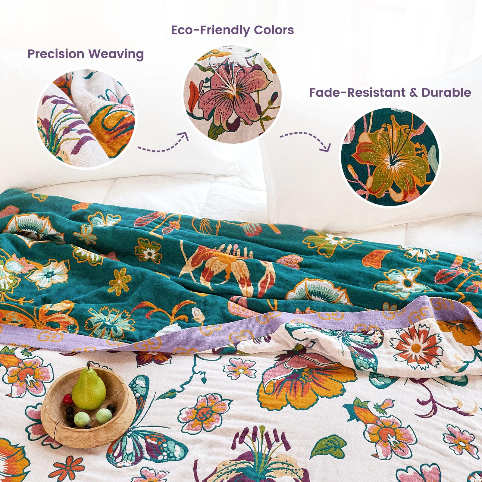 MSGKV Boho Throw Blanket 90"x108" 100% Cotton Floral Blanket for Bed