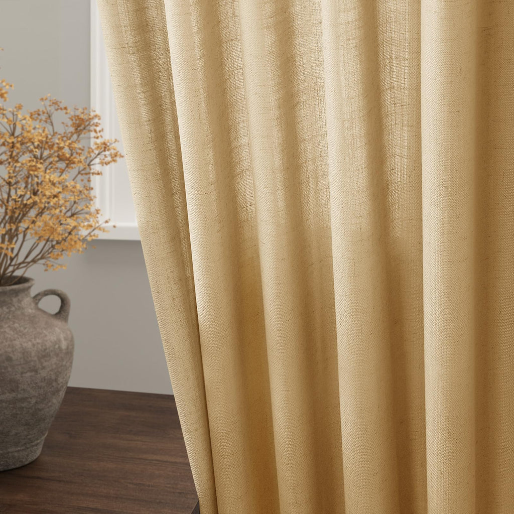 Gold Yellow Linen Curtains 84 Inch Length 2 Panels Set for Living Room Rod Pocket Back Tab Light Filtering Window Drapes for Bedroom Dining Room Protect Privacy Country Farmhouse Decor 52x84