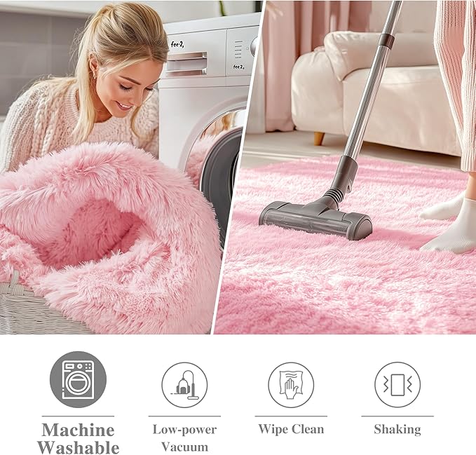 OLANLY Pink Round Rugs for Bedroom - Machine Washable, 6 ft Circle Area Rugs for Living Room, Soft and Fluffy Shaggy Carpet for Teen Girls and Boys, Nursery Rooms, Dorms, Home Decor Aesthetic