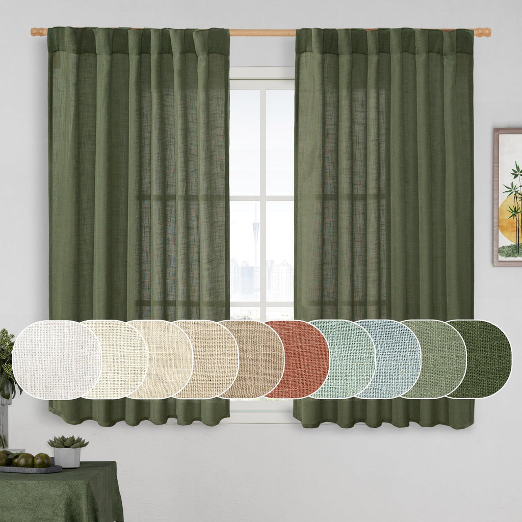 LAMIT Olive Green Linen Semi Sheer Curtains 45 Inch for Bedroom Window