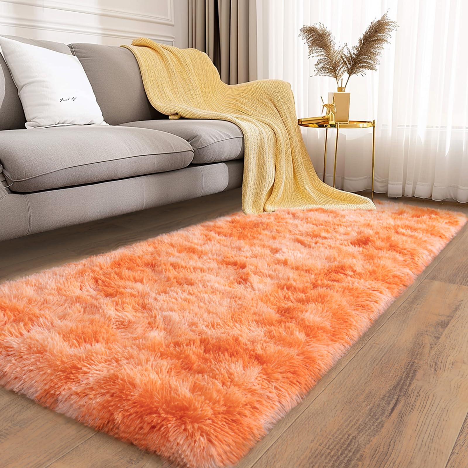 Ailyei Soft Runner Rugs for Bedroom Hallways, 2x6 Tie-Dyed Orange Fluffy Shag Throw Area Rug Non Slip for Bedside Dorm, Long Shaggy Furry Carpet for Nursery Living Room