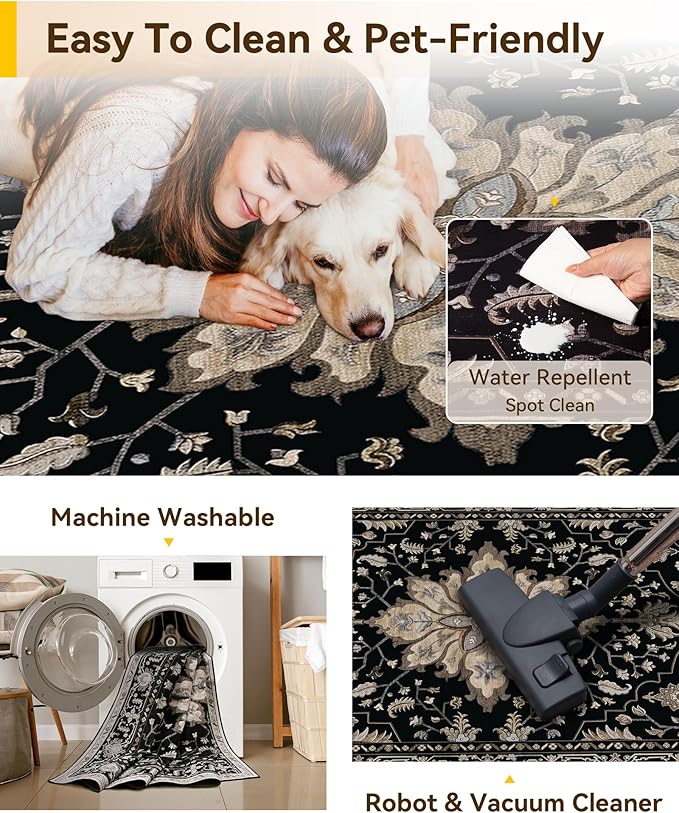 RELEANY Washable Area Rug, Large 10'x14', Black/Neutral
