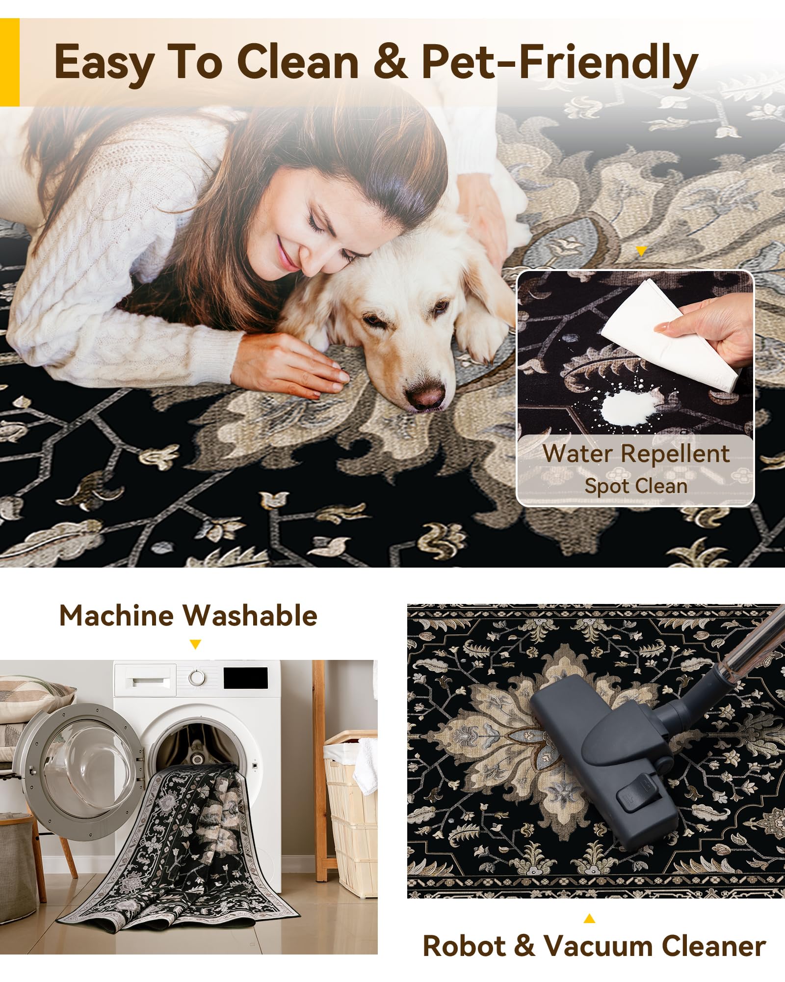 RELEANY Washable Area Rug, Large 10'x12', Black/Neutral