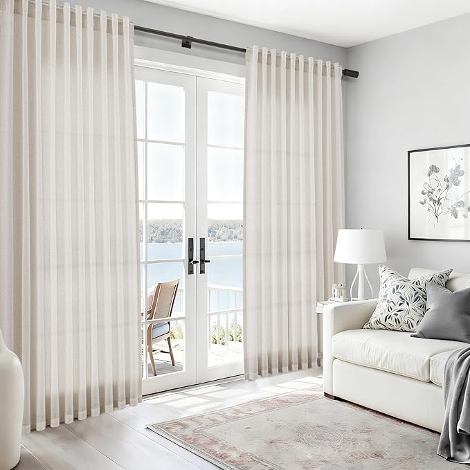 Nanspring Pearl White Linen Curtains 120 Inches Long for Living Room Light Filtering Semi Sheer Curtain Back Tab Coastal Decor Long Floor to Ceiling High Window for Bedroom Office 52x120, 2 Panels