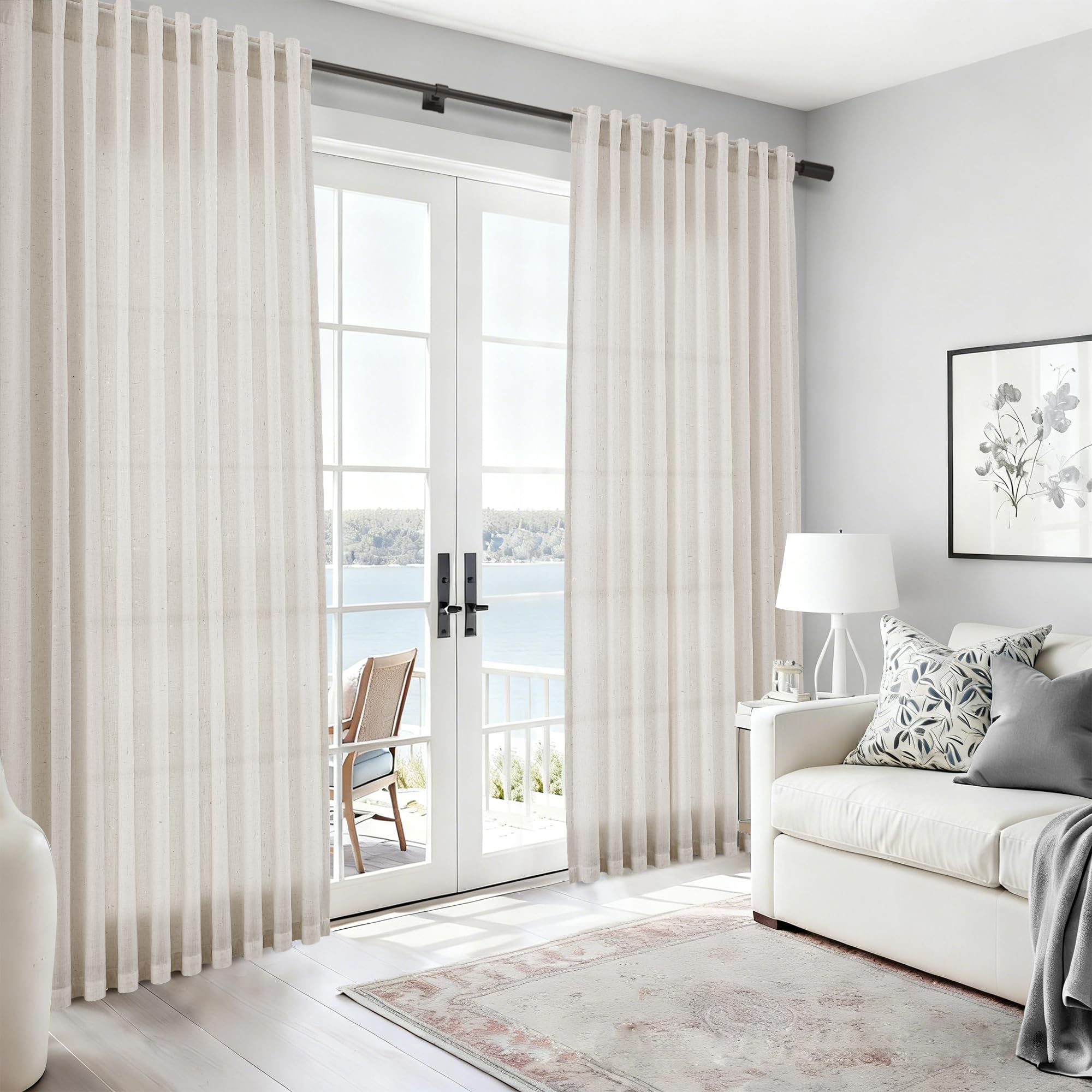 Nanspring Pearl White Linen Curtains 63 Inch Length for Living Room Luxury Light Filtering Semi Sheer Curtain Back Tab Coastal Decor Neutral Elegant Gray Drapes for Bedroom Office 52x63, 2 Panels