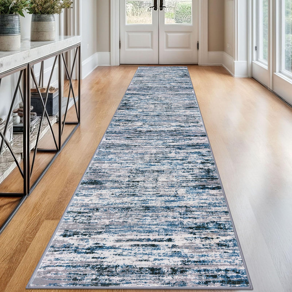 Lansny Modern Abstract Runner Rug 2.6x12, Grey Blue White Washable Long Kitchen Runner Non-Slip Soft Hallway Rug Runner Thin Print Faux Wool Carpet for Entryway Bedroom Laundry Room Indoor Home Decor