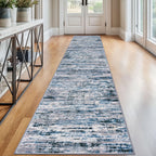 Lansny Modern Abstract Runner Rug 2.6x12, Grey Blue White Washable Long Kitchen Runner Non-Slip Soft Hallway Rug Runner Thin Print Faux Wool Carpet for Entryway Bedroom Laundry Room Indoor Home Decor