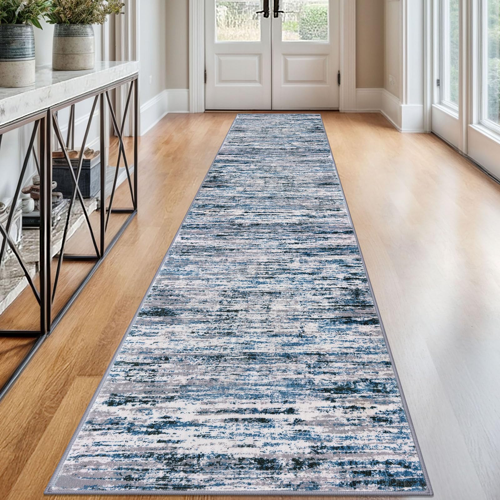 Lansny Modern Abstract Runner Rug 2.6x12, Grey Blue White Washable Long Kitchen Runner Non-Slip Soft Hallway Rug Runner Thin Print Faux Wool Carpet for Entryway Bedroom Laundry Room Indoor Home Decor