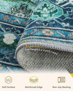 Area Rugs 4ft Washable Non-Slip, Floral Vintage Distress Print Pattern Medallion Carpet for Living Room Bedroom Dining Room, Teal Green Lake Blue Turquoise