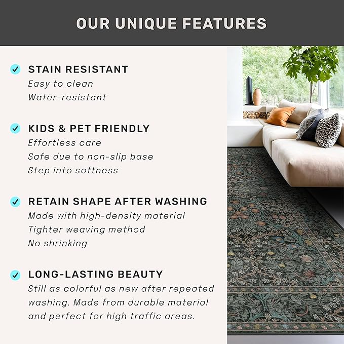 Washable Dark Green Rug for Living Room - 9x12 Large Area Rug for Dining Room Under Table, Bedroom, Soft Low Pile Non-Slip Stain Resistant Carpet - Vintage Floral Design (9x12 Dark Green)