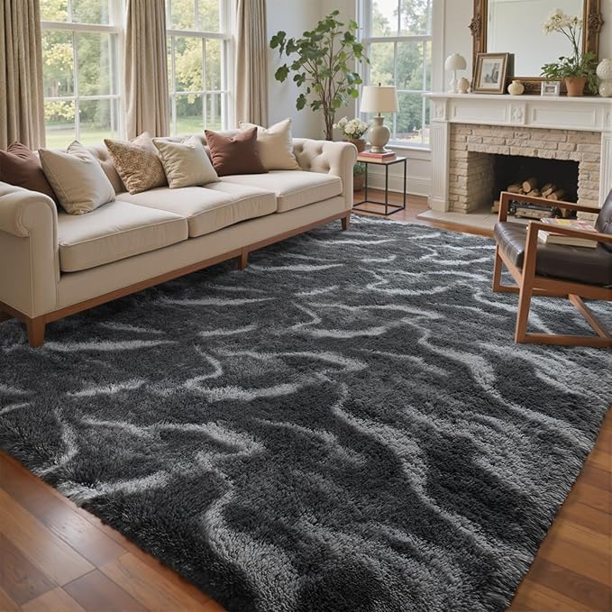 5x7 Ft Large Shag Rugs for Bedroom Living Room, Tie Dyed Ultra Soft Fluffy Furry Area Rug for Indoor Floor, Aesthetic Carpet for Home Decor (Grey)