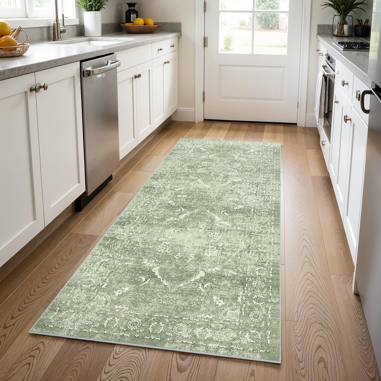 3x8 Washable Runner Rug: Vintage Medallion Kitchen Soft Rugs SageGreen