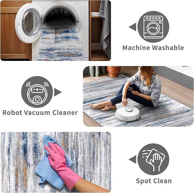 3x14 Washable Hallway Runner Rug: Extra Long Runners for Entryway Living Room Dining Room - Stain and Water Resistant Rugs with Non-Slip Backing - Soft Low-Pile Carpet 14ft Navy Grey