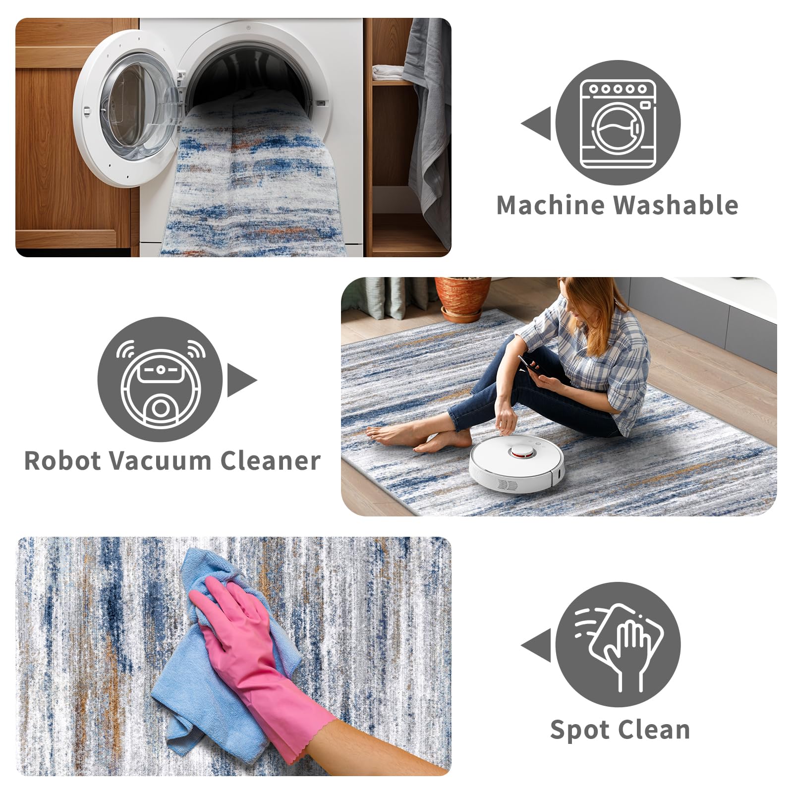 3x8 Washable Runner Rug for Family: Easy-to-Clean Runners for Hallway Entryway Kitchen Bedroom - Stain and Water Resistant Rugs with Non-Slip Backing - Soft Low-Pile Carpet Navy Grey