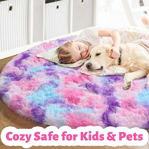 Amdrebio Pink Blue Purple Fluffy Large Round Rug 6Ft for Girls Kids Bedroom