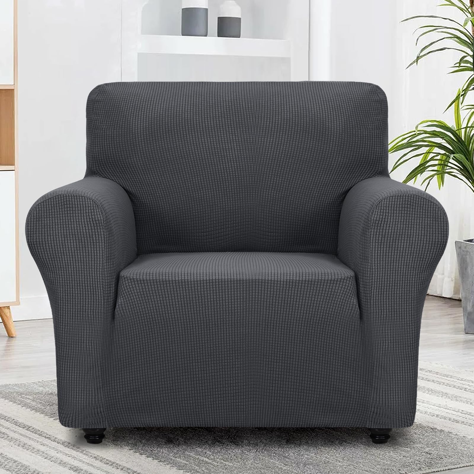 ZNSAYOTX Super Stretch Chair Slipcover Universal Sofa Chair Covers for Living Room Dogs Pet Furniture Protector Spandex Armchair Slipcovers with Anti Slip Foam Sticks (Dark Grey, Chair)