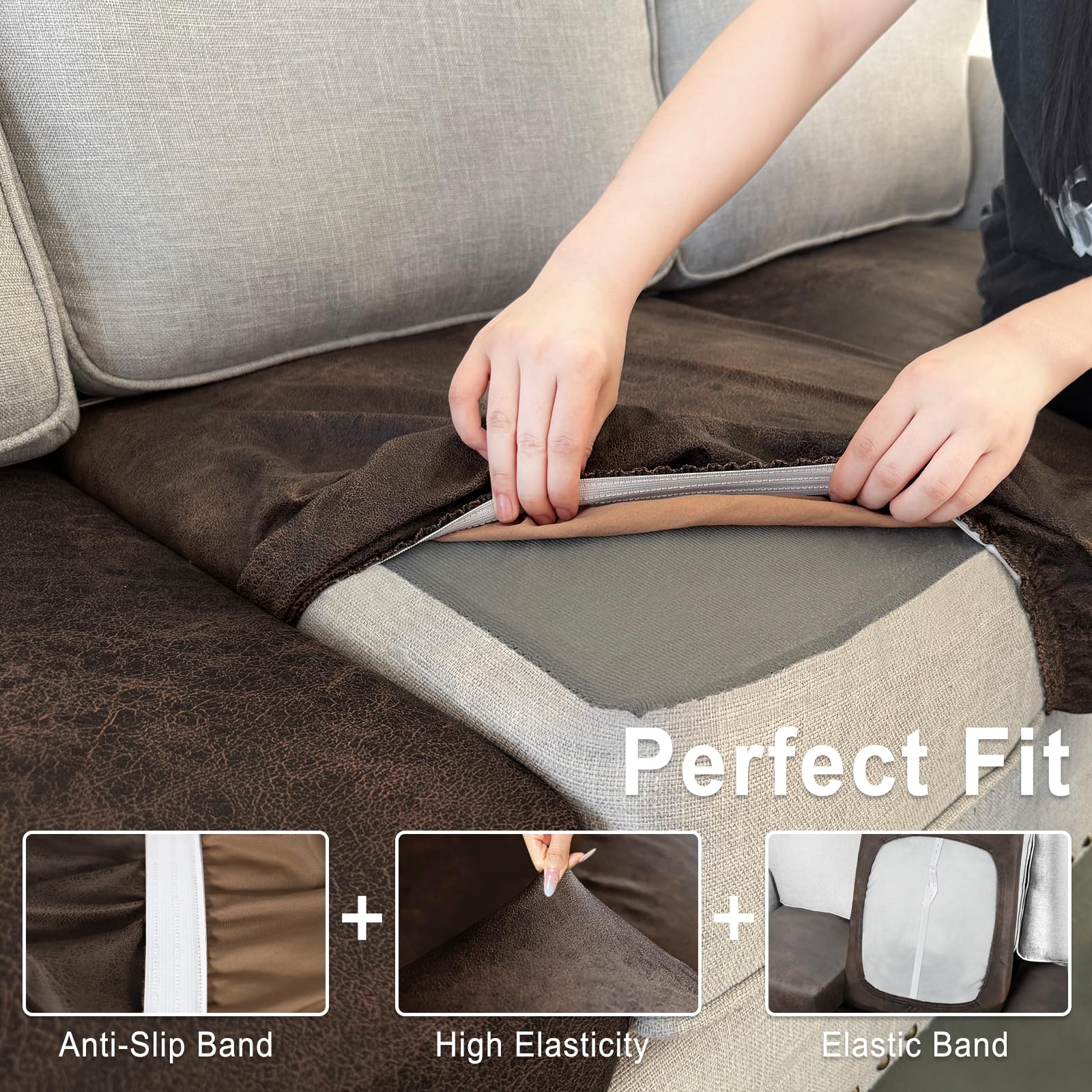 ANARACHON Leather Look Couch Cushion Covers Sofa Seat Slipcovers Sets Couches Furniture Protector for Sectional Armchair Loveseat Pets Kids Stretch Spandex Fabric (2 Cushion Loveseat, Brown)