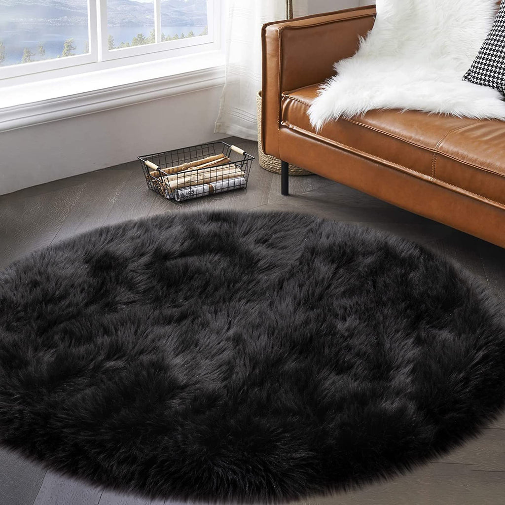 Tangsoo Round Faux Fur Rugs,Sheepskin Round Rugs 3ft,Soft Black Circle Rug