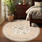 GarveeHome Pinkish Brown Botanical Grove 4ft Round Rug, Small Circle Vintage Cottagecore Soft Low-Pile Non-Slip Washable Rugs for Living Room Bedroom Nursery Kitchen Retro Carpet