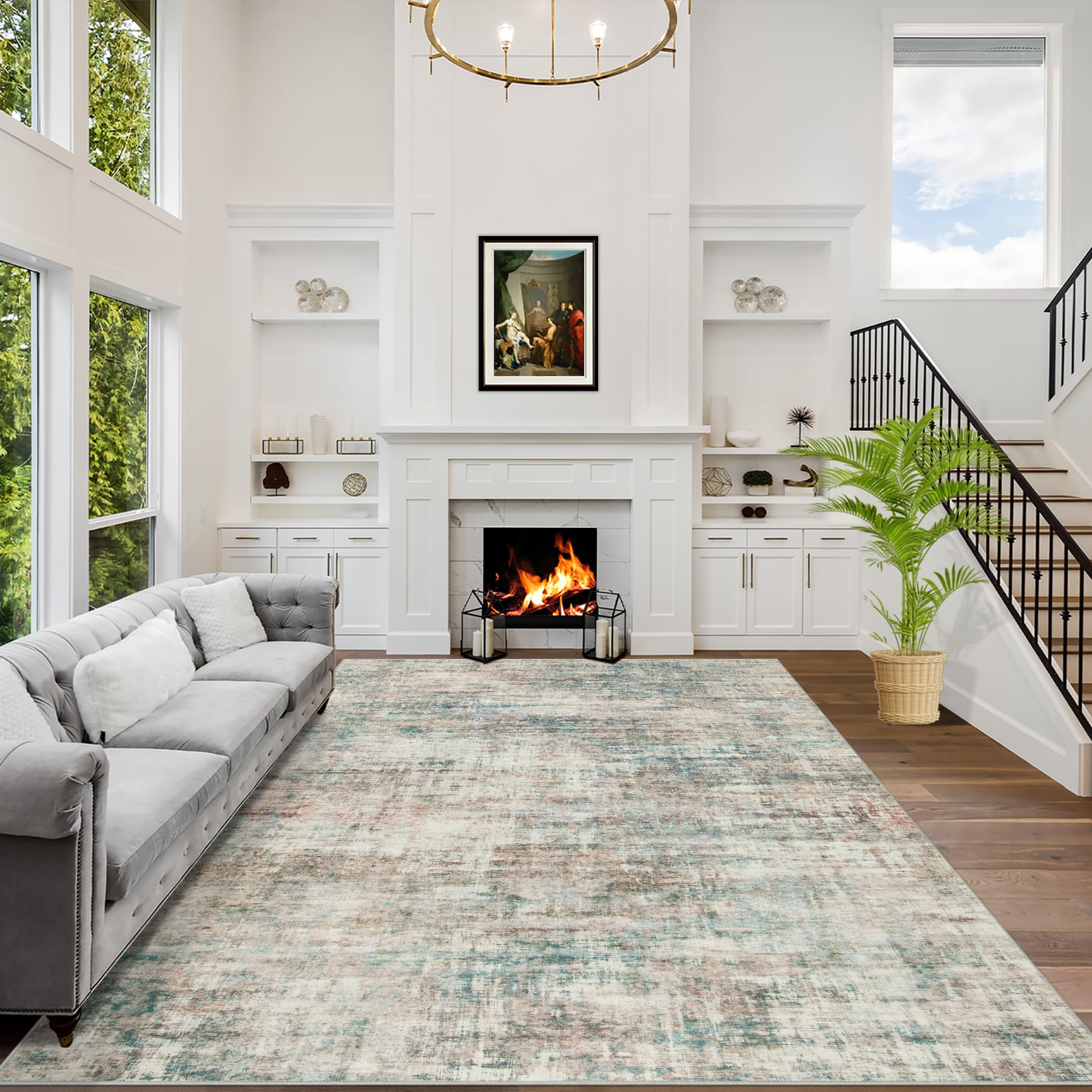 9x12 Area Rugs for Living Room: Washable Abstract Multi Color Carpet