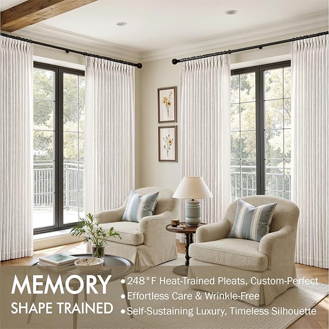 MIULEE Pinch Pleated Thick Linen Curtains 94 Inches Long 2 Panels for Living Room Bedroom, Pinch Pleat Drapes Back Tab Light Filtering Floor to Ceiling Semi Sheer Natural Farmhouse Window Curtains