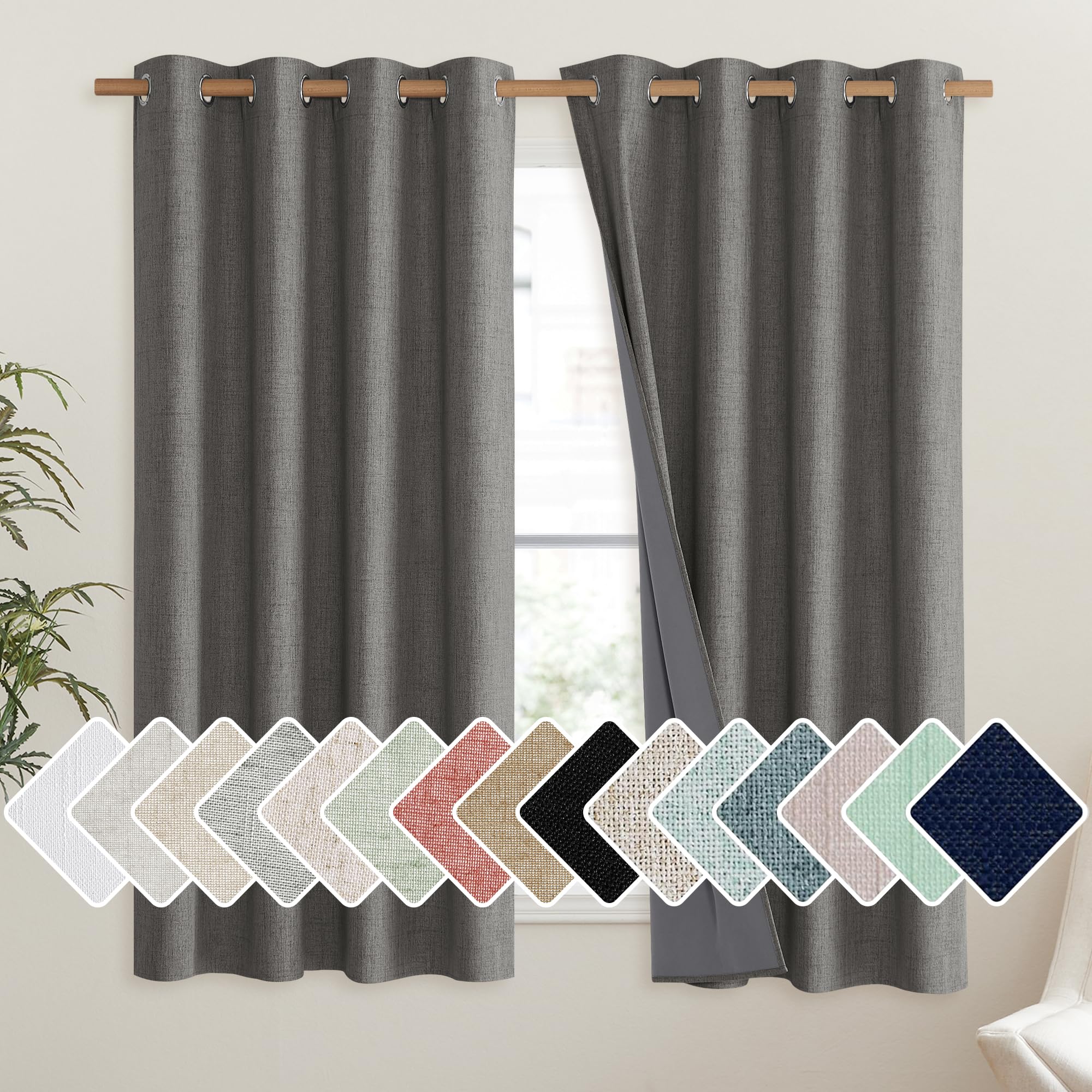 NICETOWN Grizzle Gray Vintage Linen 100% Blackout Curtains for Living Room, Thermal Insulated Curtains 48" Long, Noise Reducing Window Treatment Drapes for Hall Room, 52" Wide Per Panel, Set of 2