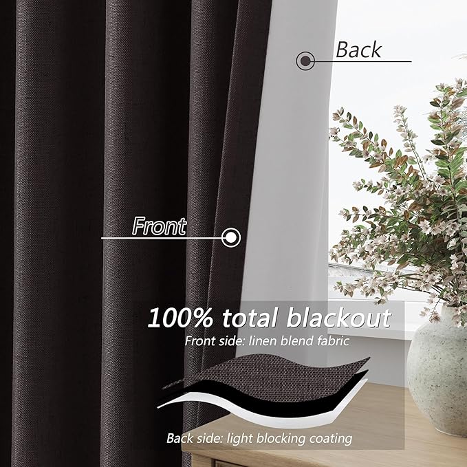 Guken 100% Blackout Curtains 102 Inch Length 2 Panels Set for Living Room Bedroom Back Tab Thermal Insulated Black Out Linen Drapes Room Darkening Cocoa Coffee,52x102