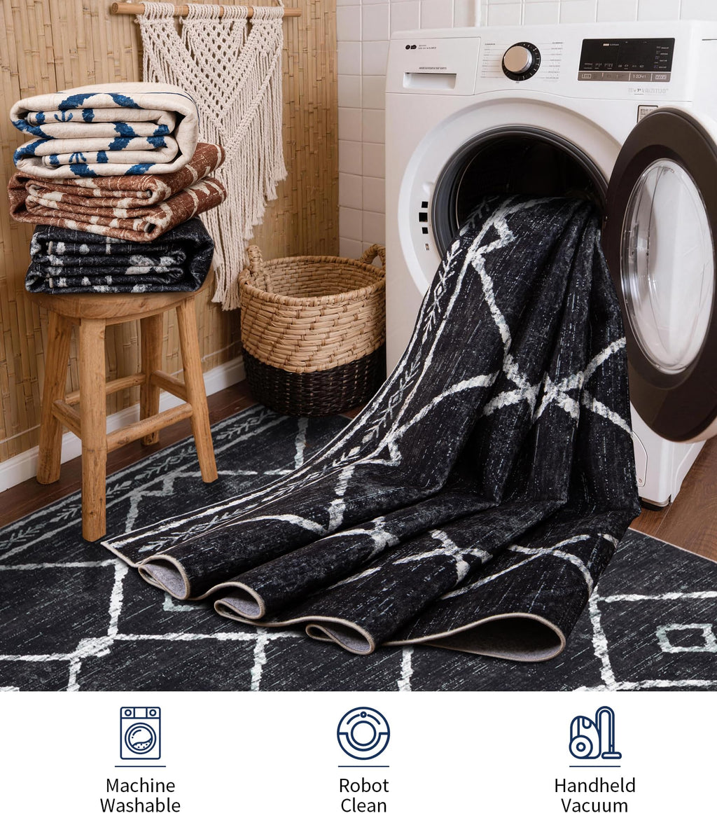 YIHOUSE Moroccan Rugs for Living Room, 8x10 Black and White Aztec Area Rug, Western Geometric Soft Low-Pile Washable Rugs for Bedroom, Dining Room