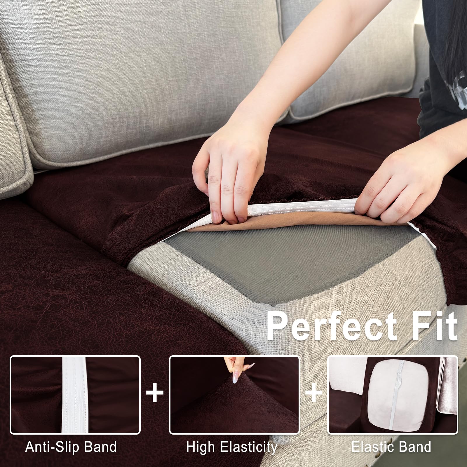 ANARACHON Leather Look Couch Cushion Covers Sofa Seat Slipcovers Sets Couches Furniture Protector for Sectional Armchair Loveseat Pets Kids Stretch Spandex Fabric (3 Cushion Sofa, Burgundy)