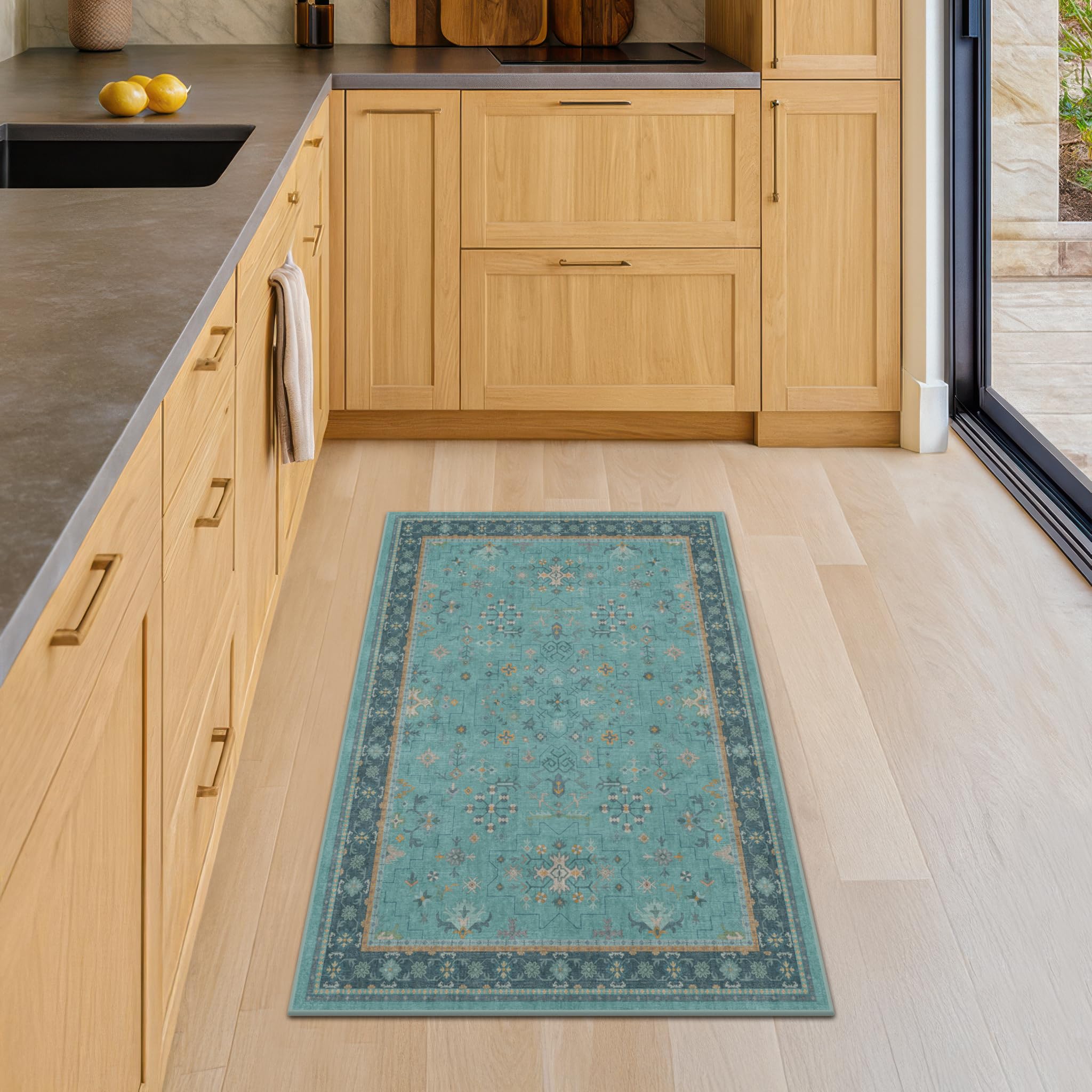 2x3 Washable Teal Rug for Entryway Indoor, Kitchen Floor Waterproof, Bathroom, Powder Room, Non Slip Low Pile Stain & Fade Resistant, Modern Turquoise Aqua Décor
