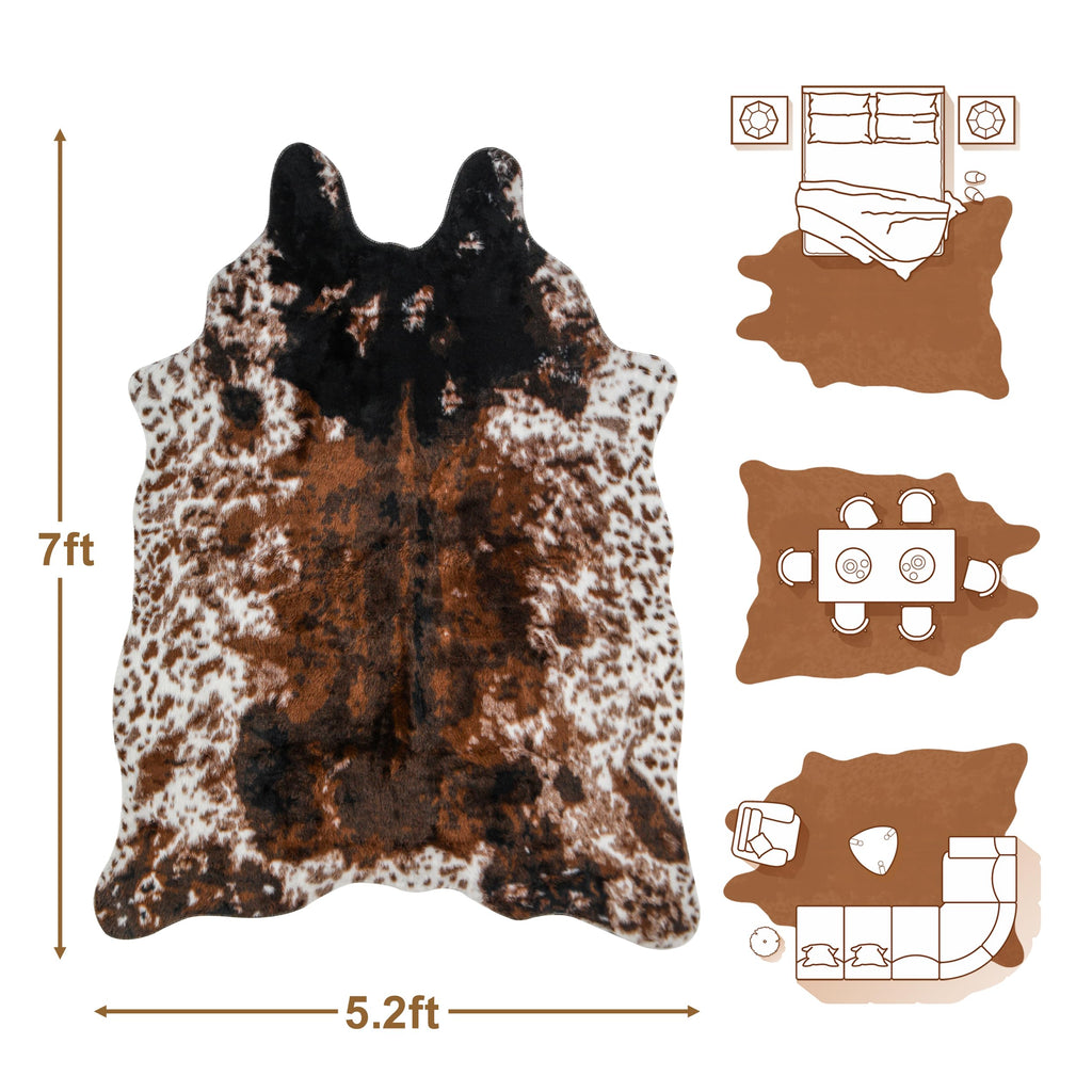 Cow Print Faux Cowhide Rug, Fluffy Fur 5.2x7 Feet Washable Cow Rugs for Living Room Bedroom Animal Print Hide Skin Rustic Western Décor Black and Brown