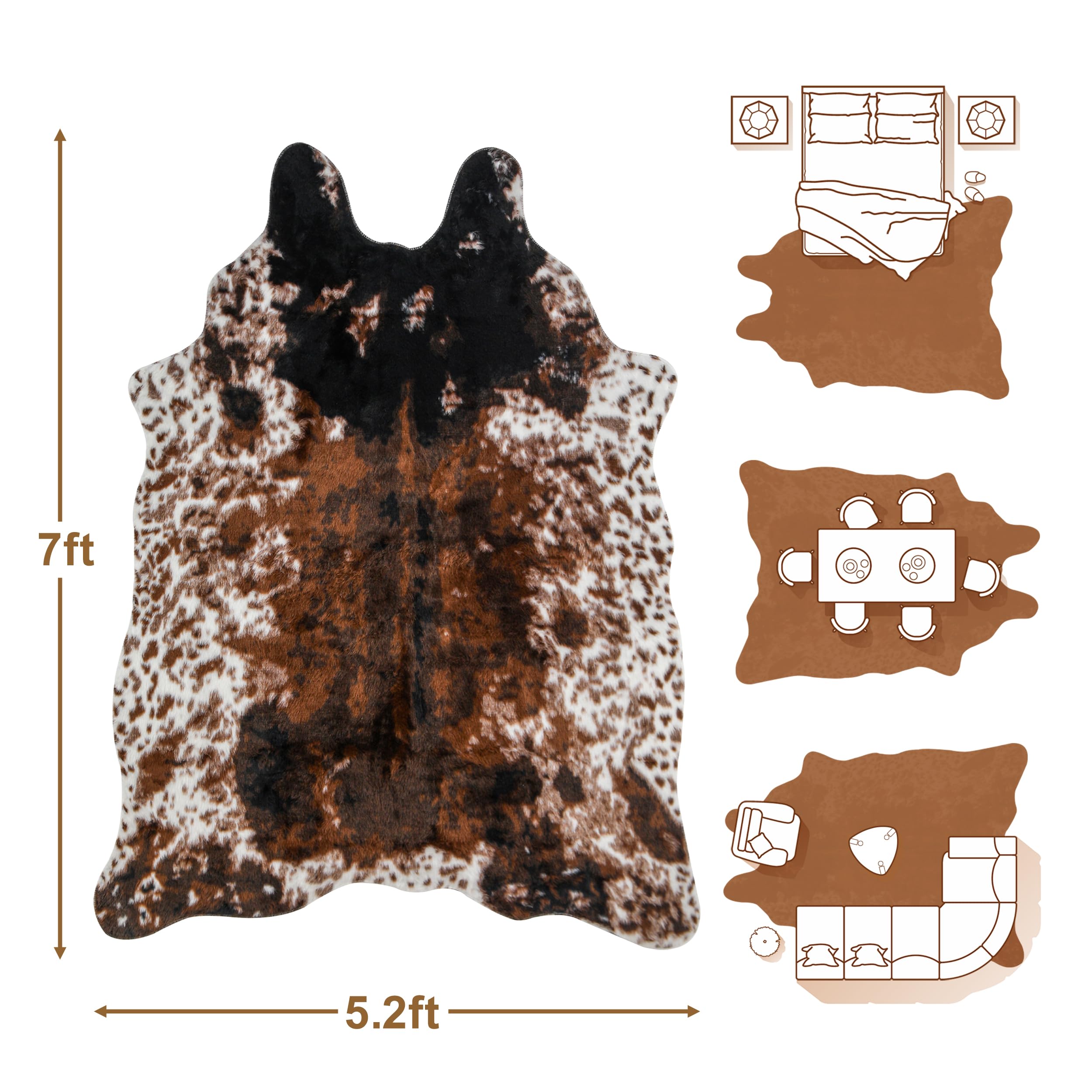 Cow Print Faux Cowhide Rug, Fluffy Fur 5.2x7 Feet Washable Cow Rugs for Living Room Bedroom Animal Print Hide Skin Rustic Western Décor Black and Brown