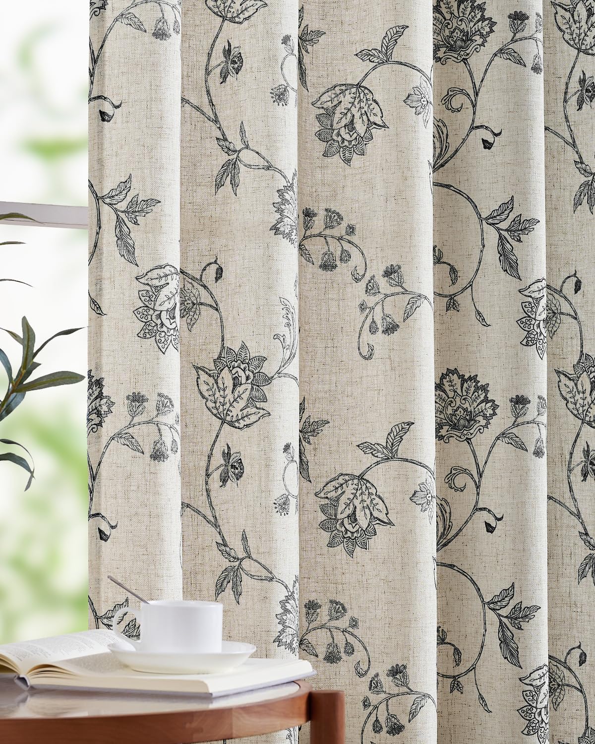 Jinchan Linen Floral Curtains 63 Inch Length for Living Room & Bedroom - Light Filtering Rod Pocket Back Tab Jacobean Curtains Flax Linen Texture Window Drapes Set 2 Panels Black on Linen