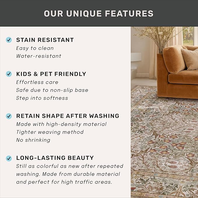 2x6 Washable Bathroom Runner Rug Non Slip - Moss Green Small Runner Rug for Kitchen, Bedroom, Hallway, Stain Resistant Kitchen Floor Mat, Ultra Soft Vintage Oriental Taupe Brown Décor Low Pile